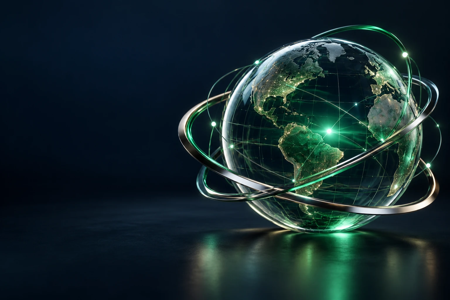 Glass globe with emerald orbital rings representing a connected digital world